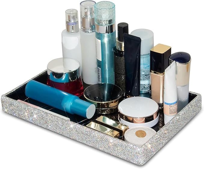 Jewelry or Makeup Storage Box Organizer Display Storage Case Desk for Dresser, Bathroom, Bedroom, and Makeup Perfume,Magnificent Handmade Serving Tray, Handicraft with Glittery Crystal(Silver)