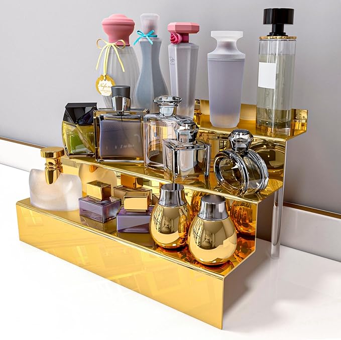 YMVV 12 IN Mirror Gold Acrylic 3 Tier Display Riser Perfume Organizer, Perfume Cologne Organizer Holder, Pops Toy Figures, Clear Cupcake Riser, Dessert Shelf