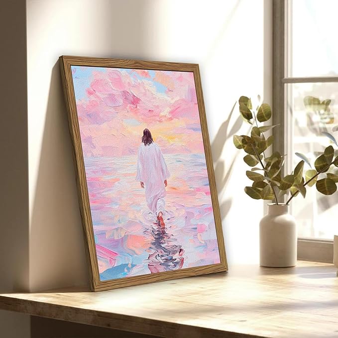 Pink Jesus Walking On Water Wall Art, Frame 3D Textured Hand Drawn Sandstone Christian Wall Decor Paintings Religious Savior Pictures for Living Prayer Room Bedroom, 16x24 in Wood Framed