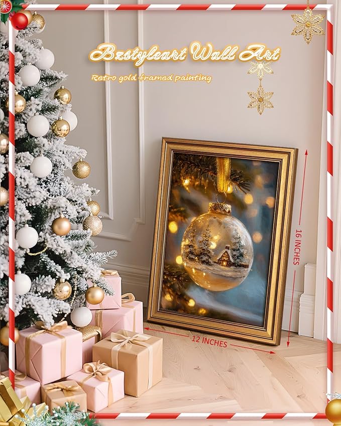 Bzstyleart Vintage Wall Art Decor Vintage Christmas Decorations Indoor, 12 x 16 Inch Modern Framed Christmas Canvas Wall Art Farmhouse Home Decor