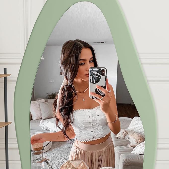 Full Length Mirrors Large Irregular Wavy Mirror Wood Full Body Standing or Wall Mounted Mirror for Living Room Bathroom Bedroom Entryway Decor