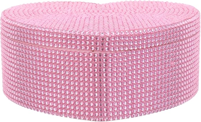 GALPADA Heart Shape Jewelry Box: Plastic Pink Jewelry Storage Organizer with Make Up Mirror Rhinestone Double Layer Headgear Display Tray for Girls