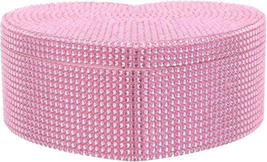 GALPADA Heart Shape Jewelry Box: Plastic Pink Jewelry Storage Organizer with Make Up Mirror Rhinestone Double Layer Headgear Display Tray for Girls