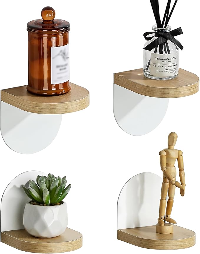 SAYAYO Small Floating Shelves for Wall Storage, 4 x 4 Inch Adhesive Wall Shelves for Bedroom Decor, Mini Display Wood Shelf Organizer with White Base for Living Room, Office, Balcony, 4 Pcs
