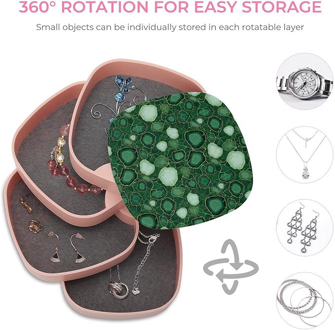 4 Layer Rotatable Travel Jewelry Case with Lid Emerald Green Marbled Teal Marble Jewelry Organizer Storage Box Earring Holder