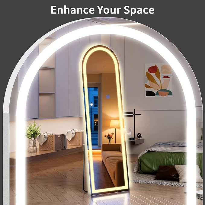 Arch Full Length Standing Mirror with LED Lights, 63"x20" Lighted Mirror with Dimming & 3 Color Lighting, Tall Mirror Full Body for Bedroom, Dressing Room