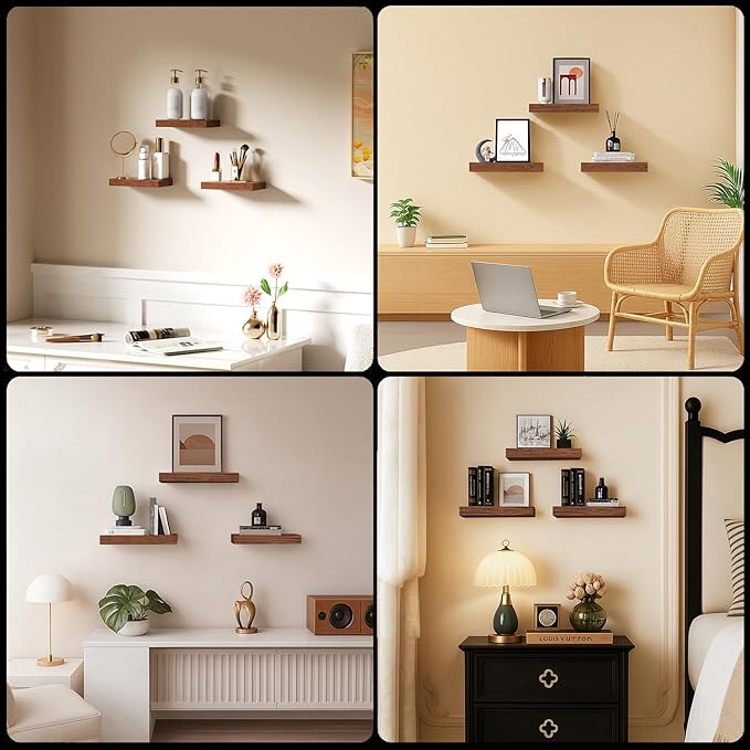 Floating Shelves for Wall, Bathroom Shelves Over Toilet, Wall Shelves & Book Shelf, Hanging Shelf, Modern Wooden Wall-Mounted Small Floating Shelves, 12x7x1.5 in (Walnut-Like, Set of 3)