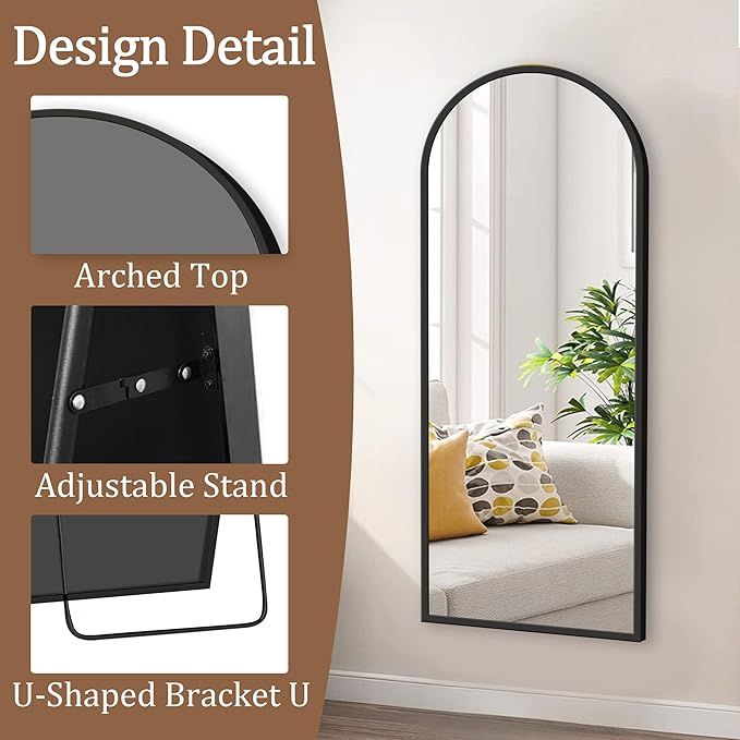 GlasFlength Full Length Mirror with Stand, 64"x21" Arched Full Body Mirror with Aluminum Alloy Frame, Wall-Mounted/Leaning Against Wall/Standing Floor Mirror for Bedroom, Living Room, and Entryway