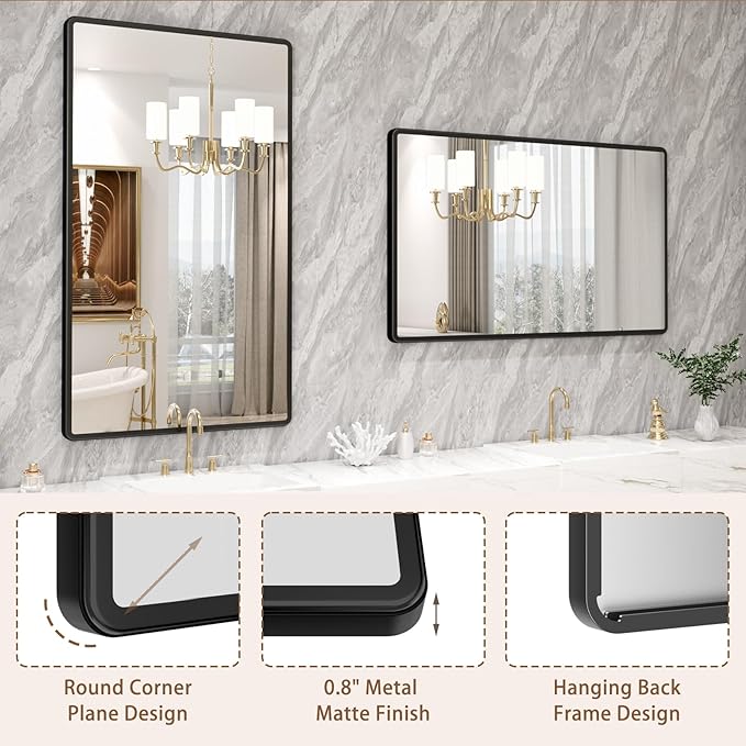 pertetey New Upgrade Bathroom Mirror, 50X30 Inch Black Metal Frame Wall Mounted Rounded Rectangle Bathroom Vanity Mirror with Tempered Glass for Washroom Bedroom Living Room