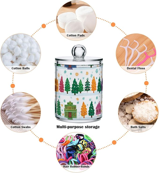 2 Pack Apothecary Jars Christmas Village Trees Pattern Bathroom Vanity Storage Organizer Set,Small Clear Plastic Storage Jars Bathroom Canister for Cotton Swabs, Rounds, Balls, Qtips,Makeup Spo