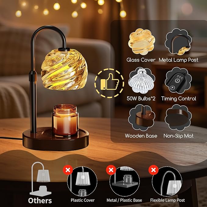 Candle Warmer Lamp with Timer Dimmer, Electric Candle Warmer with Adjustable Height for New Home Decor, Birthday Gifts for Women Men Mom, Wax Melter for All Jar Sizes, 2Bulbs,Black