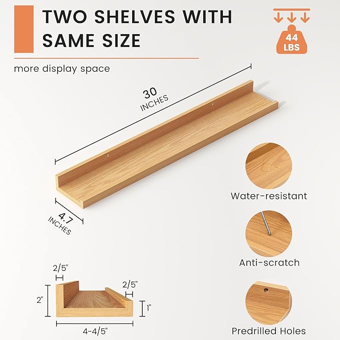 FLYJOE Picture Ledge Shelf, Floating Shelves Set of 2, 30 Inches Nursery Book Shelves for Toys Storage, Kids Bookshelf Wall Mounted for Living Room Bedroom Decor Books Photo Frames, Natural Oak