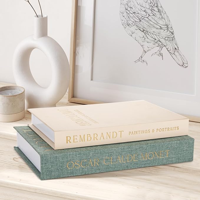 Decorative Books Set of 2, Beautiful Linen Book Boxes Decor Coffee Table Bookshelf or Mantle, Aesthetic Fake Books for Modern Home Decoration, Keepsake Photo Storage Box