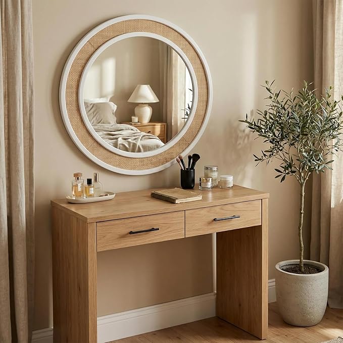 Round Rattan Mirror, 24" Circle Wall Mirror, Farmhouse Wooden Vanity Mirror with Handmade Wicker Frame, Decorative Boho Mirror for Nursery Bedroom Living Room Entryway White