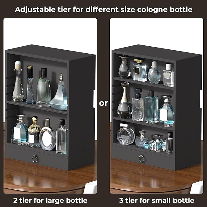 Wooden Cologne Organizer for Men Sliding 4 Tiers of Standing Perfume Display Stand with Side & Under Double Drawers Large Storage Perfume Organizer Display Shelf Holder,Gift for Man (Classic Black)
