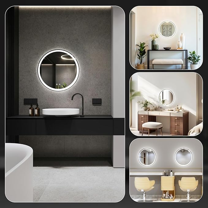 Sweetcrispy 24-Inch Round LED Bathroom Backlit Mirror with Lights, Circle Vanity Mirror with Anti-Fog, Dimmable, 3-Color Light, Memory Function, Tempered Glass