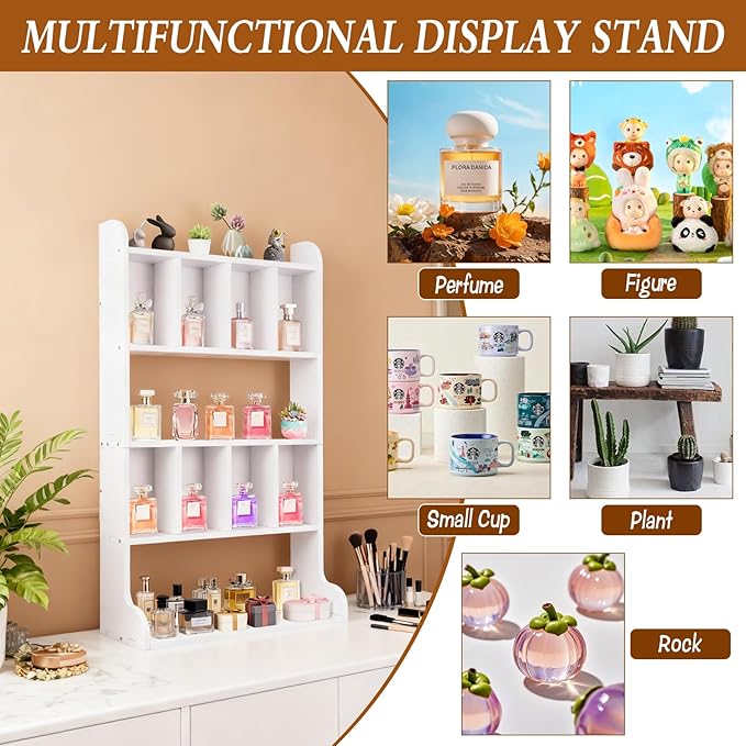 Perfume Organizer Cologne Display Case - Perfume Organizer Cologne Stand - Multi-Tier Partition Trinket Shelf for Fragrances, Cosmetics, Collectibles, Figures, Miniatures and Shot Glasses (White)