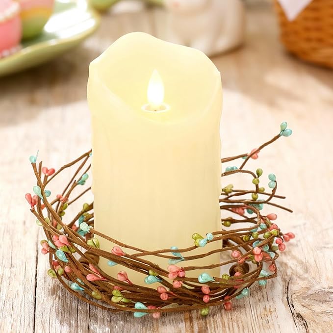 Daifunli 2 Pcs Spring Country Primitive Pip Berry Candle Ring Vintage Pip Berries Wreaths for Pillar 3.9 Inch Candles Holder for Spring Easter Rustic Table Centerpiece Decor