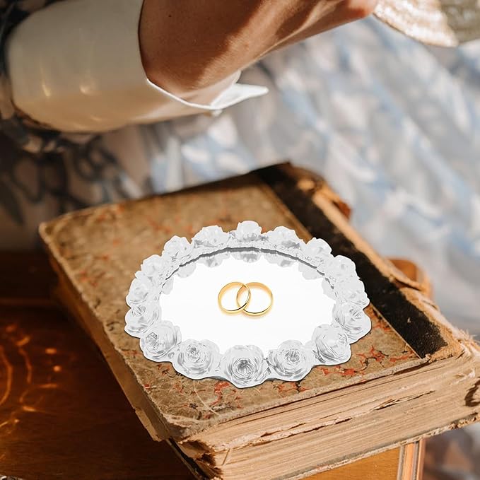 Gatuida Vintage Rose Mirror Jewelry Tray, Pearl White Resin Decorative Vanity Organizer for Makeup, Perfume, Snacks and Accessories, Multi-Purpose Counter Display Plate