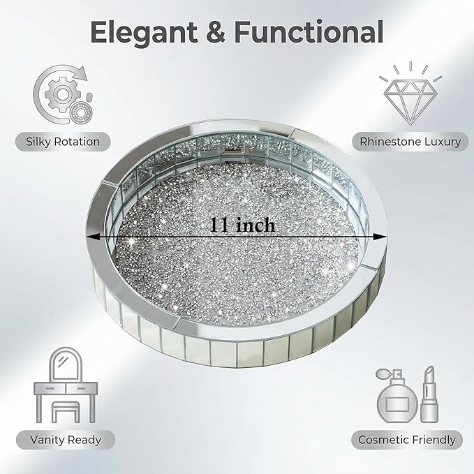 11” Rotating Makeup Perfume Organizer,Silver Glass Vanity Tray fits Dresser Bedroom,Round Perfume Display Holder,Crushed Diamond Home Decor,Gift Idea for Women