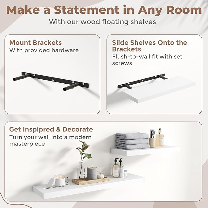 8 Inch Floating Shelves for Wall with Invisible Brackets Set of 3, 8"D Engineered Wood Wall Shelves with Wood Grain for Living Room, Bedroom, Bathroom, Kitchen Decor and Storage, White Finish
