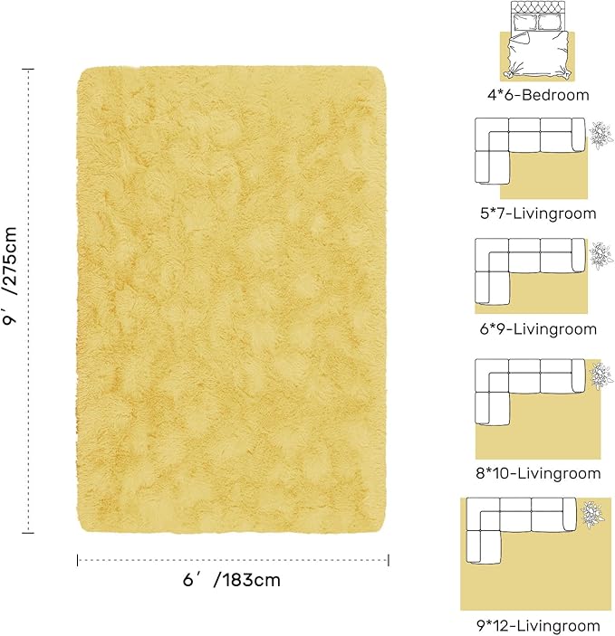 6x9 Yellow Rug for Living Room Shag Area Rugs Fluffy Bedroom Plush Carpet Non Slip for Nursery Kids PlayRoom Home Decor Aesthetic