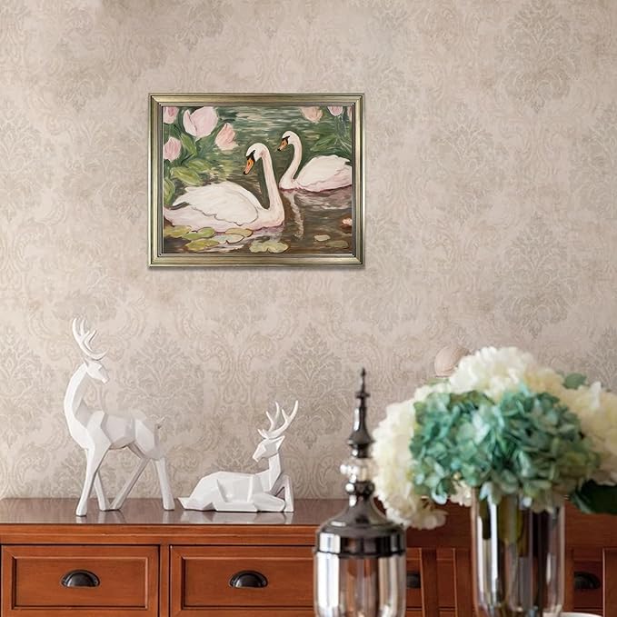 Vintage Framed Swan Wall Art Pink and Green Girls Room Decor Girly Office Canvas Print Painting Home Artwork