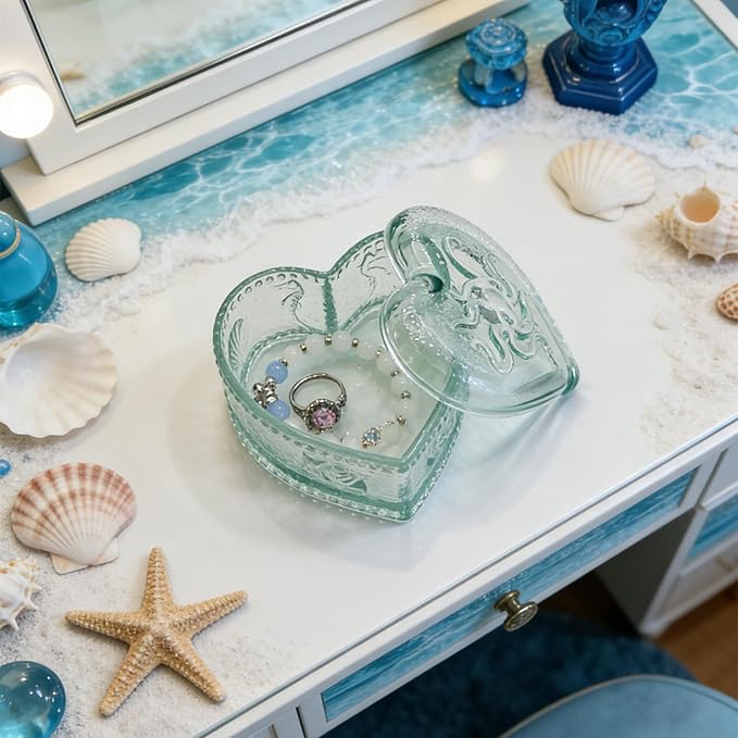 Glass Jewelry Box Heart Shape Cute Box for Storage Ring Earring Trinket Vintage Jewelry Organizer Decorative Gift for Women Girls-GRB021-Blue