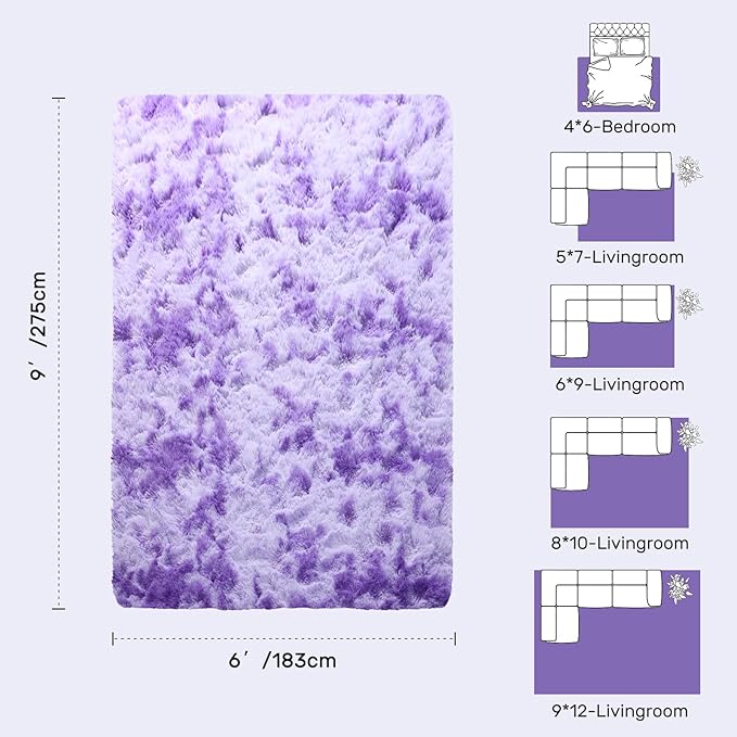6x9 Purple White Rug Fluffy Living Room Rugs Girls,Plush Soft Fuzzy Area Carpet Non Slip for Bedroom Nursery Kids Girlie Elegant Home Decor Aesthetic