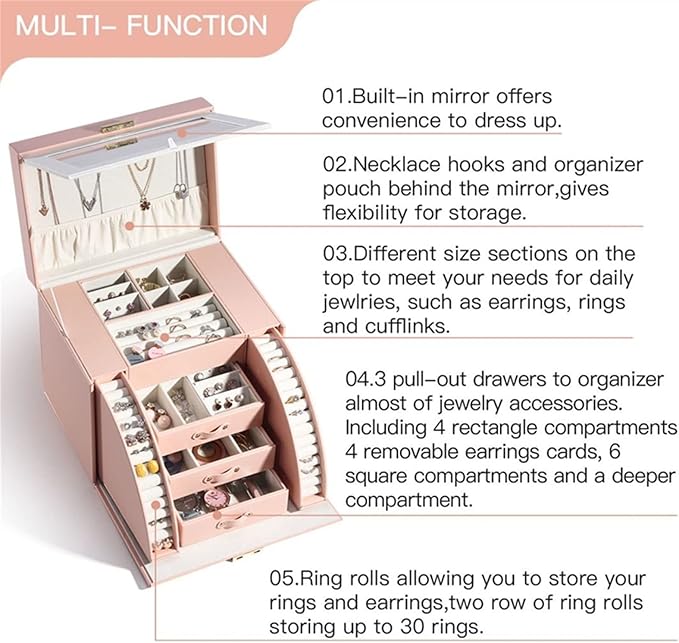VSULZVNU Makeup Organizers Multi-Layer Large Jewelry Organizer Box PU Leather Drawer Storage Gift Case for Earrings Ring Jewellery Display Boxes Jewelry Case