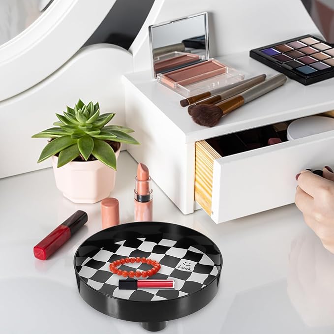 Garneck Black and White Checkered Jewelry Storage Tray Large Decorative Perfume and Makeup Organizer Plate Nordic Style Desktop Sundries Holder for Vanity and Countertop