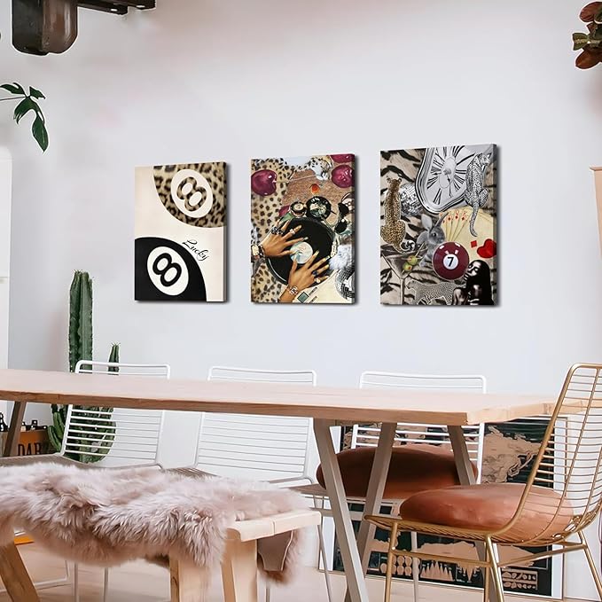 Fashion Cheetah Wall Art Set of 3 Leopard Wall Decor Pictures Lucky 8 Ball Poster Canvas Painting Prints Dark Red Cheetah Artwork for Bedroom Living Room Framed 16x24 inch