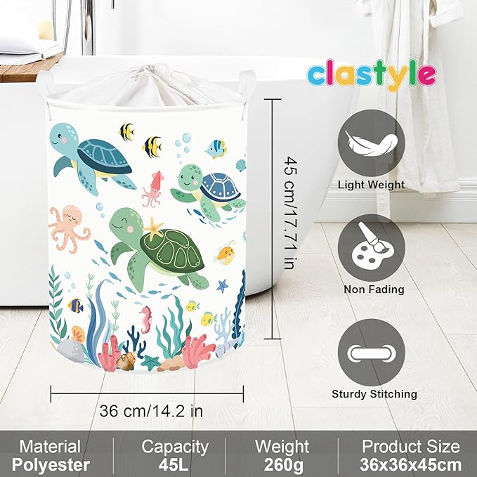 Clastyle Adorable Ocean Animals Kids Book Storage Basket Sea Turtle Clothes Laundry Basket Parents Gift Toy Box for Bedroom Shower, Green Turtle, 36x45 cm