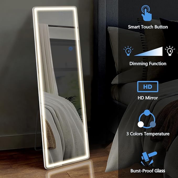 OLIXIS 16"×60" Full Length Mirror with Light, LED Floor Full Body Mirror with 3 Color Lighting