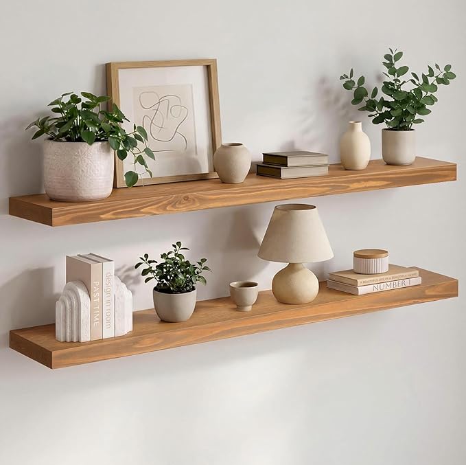 Homeforia 42 inch Golden Oak Floating Shelf, High End Solid Real Wood 42inch Small Floating Shelves for Wall Mounted, Oak Wooden 42in Floating Shelves, Heavy Duty Bracket, 42 X 6.5 X 1.75 in, Set of 2