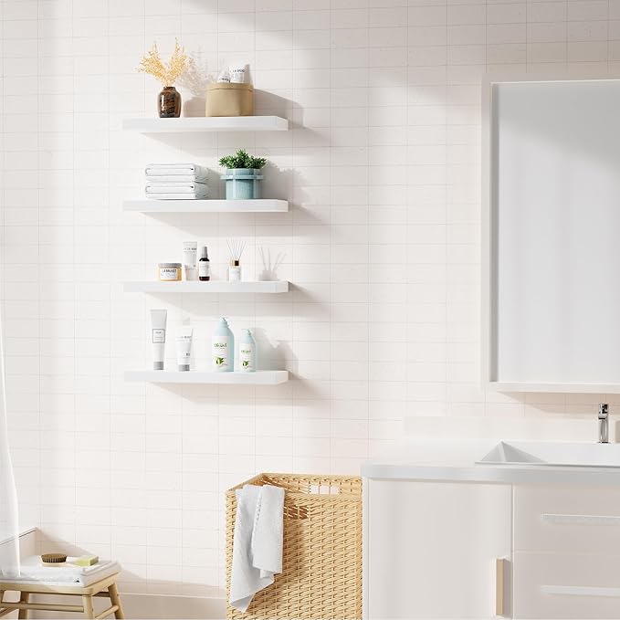 Bellsal White Engineered Wood Wall Shelf Set of 6, 16" Modern Floating Shelves for Kitchen, Living Room, Bedroom, Bathroom Storage, Book Shelf Home Decor
