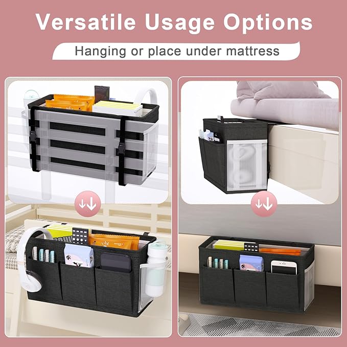 Edudif Dual-purpose Bedside Caddy Bedside Organizer, Bed Caddy with 6 Pockets, Versatile Bedside Storage Solution Magazine Remotes holder, ideal for Home, Dorm, Hospital, Crib Bed (Black 2 pcs)