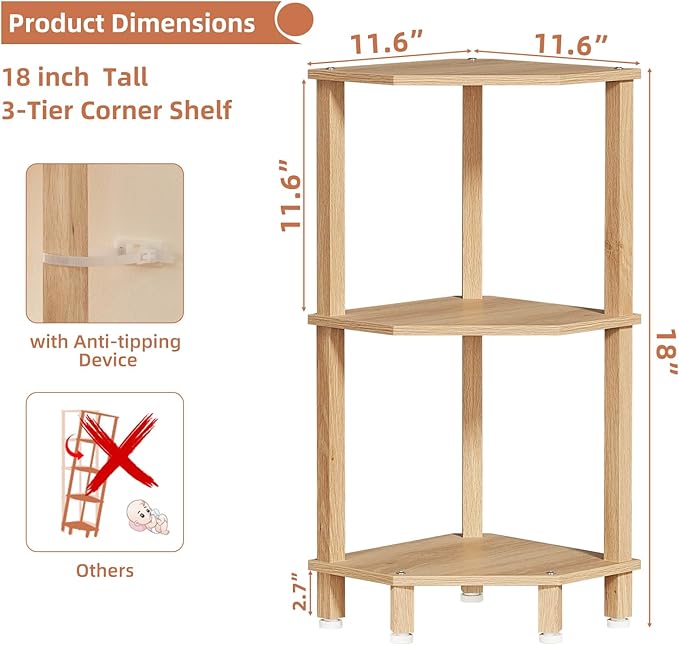 YUFAM 3-Tier Corner Shelf with Sturdy 5-Leg Base, 29in Tall Narrow Bookcase for Small Spaces, Wooden Plant Display Shelf, Thin Bookshelf for Living Room, Bedroom, Office, Natural