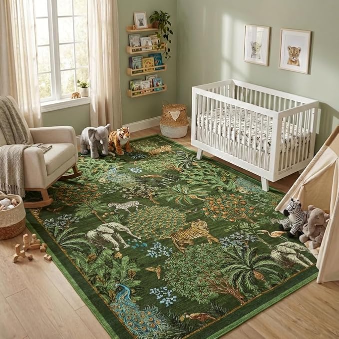 GarveeHome Jungle 8x10 Area Rug Washable Rugs for Living Room, Forest Rug Non Slip Low Pile Soft Indoor Stain Resistance Animal Print Carpet for Bedroom Dining Room Playroom Nursery, Dark Green