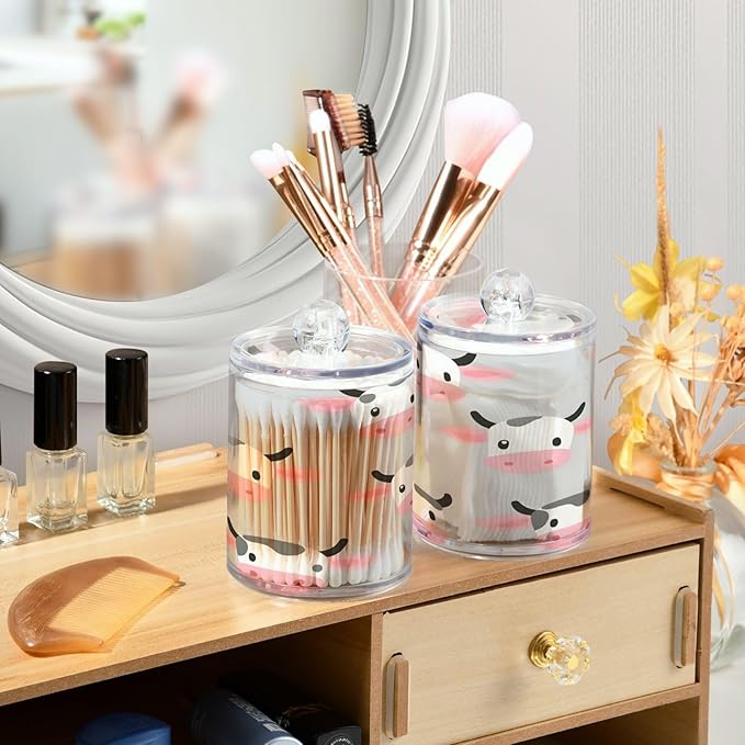 Nander 2Pack Cute Cartoon Cow Qtip Holder Dispenser -Clear Plastic Apothecary Jars Set - Restroom Bathroom Makeup Organizers Containers for Cotton Swab, Ball, Pads, Floss