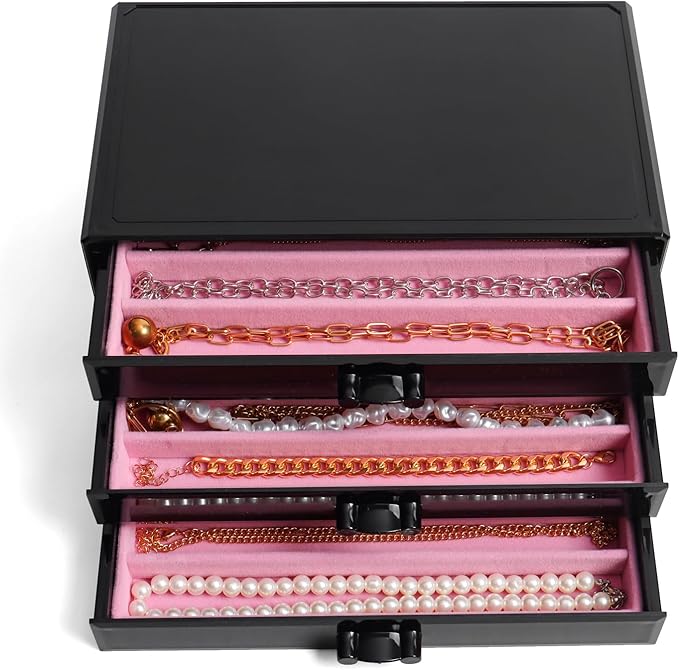 YUFONG Necklace Holder Organizer, Dustproof Necklace Box Velvet Necklace Organizer Box with Lid Clear Acrylic Dustproof Stackable Jewelry Displays for Necklaces Chain Display (Black Pink, 3 Drawer)