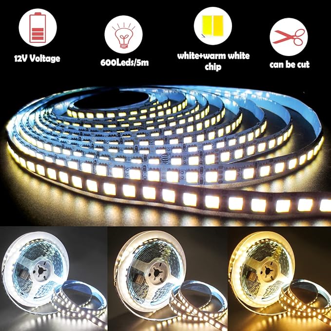 12V 2 in 1 LED Strip Lights, 16.4ft CCT Cold White + Warm White, Color Temperature Adjustable (2800K to 6500K) Light Strips IP20 Total 600 LEDs for Bedroom, Kitchen, Advertising Decoration