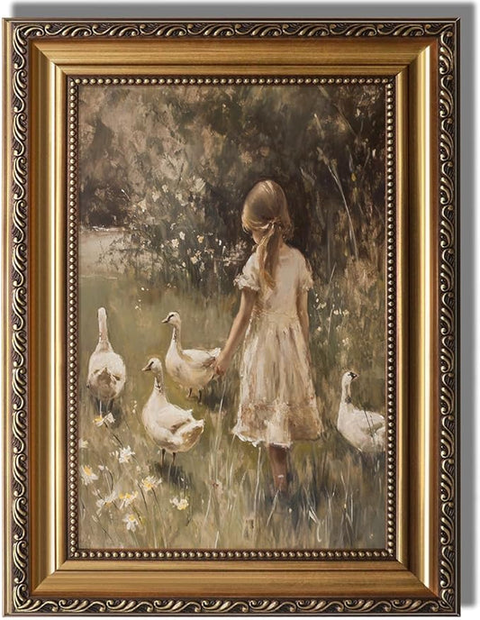 KBKBART Vintage Framed Wall Art for Living Room - Farmhouse Decor Goose Girl Easter Canvas Oil Painting Prints for Wall Decor, Classical Cottagecore Wall Decor, Moody Antique Nature Art Print for Bedroom Bathroom Wall Pictures Artwork, 12"x 16"