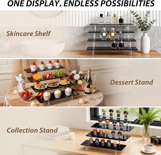 Acrylic Display Stands Risers, Perfume Cologne Organizer, Black 4 Tier Cupcake Stand Riser Shelf Compatible with Funko Pop Figures Food Dessert Makeup Skincare Cosmetics Lotion Organizer (3 PACKS)