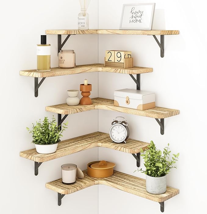 Fixwal Floating Shelves for Wall, Rustic Wood Wall Mounted Corner Shelf for Bathroom, Kitchen, Bedroom, Home Decor, Laundry Room, Living Room, Set of 5 (Carbonized Black)