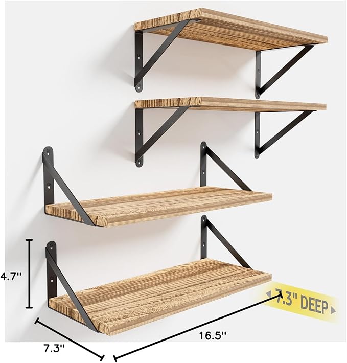 COCOYA Wall Shelves 7.3" Deep Set of 4, Solid Paulownia Wood Wider Longer Sturdy Easy to Install Wall Mounted Bookshelves Storage Shelves Bathroom Home Office Laundry Room Bedroom Organizer