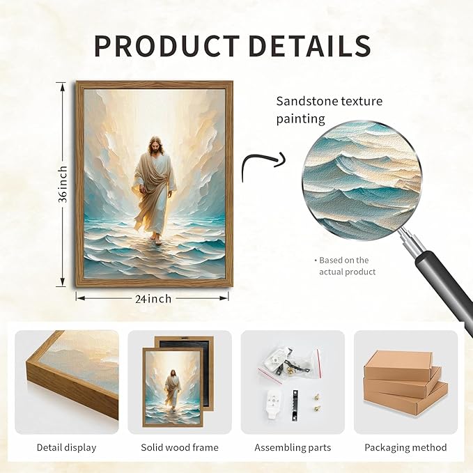 Jesus Walking On Water Wall Art, Framed 3D Textured Hand Drawn Sandstone Christian Wall Decor Painting Religious Savior Pictures for Living Prayer Room Bedroom 24x36 in Wood Framed