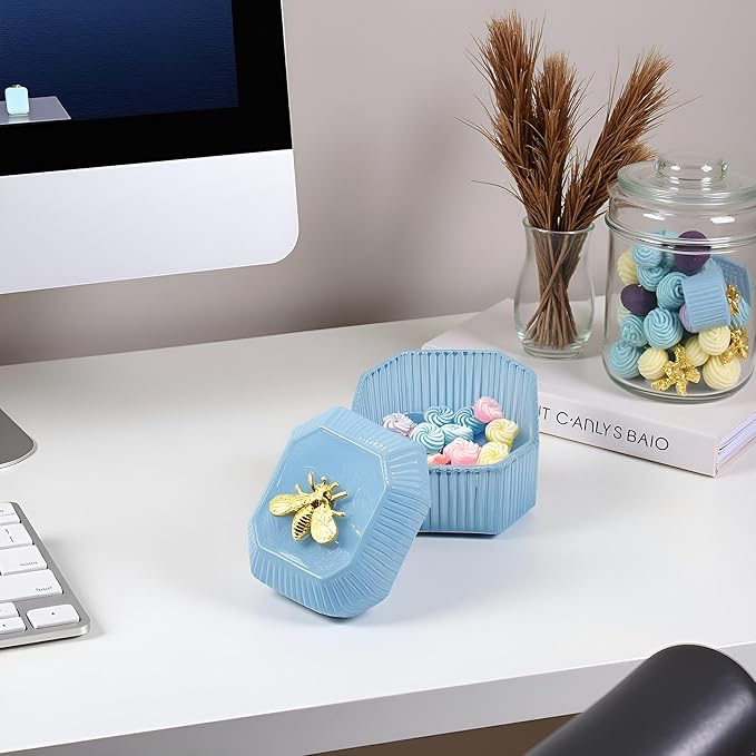 Cute Glass Candy Box - Glass Jar with Lids for Storage Candy Cookie, Vintage Candy Jar Candy Dish for Office Desk Buffet,3.34x3.34x2.68 H IN-GRB020-Blue