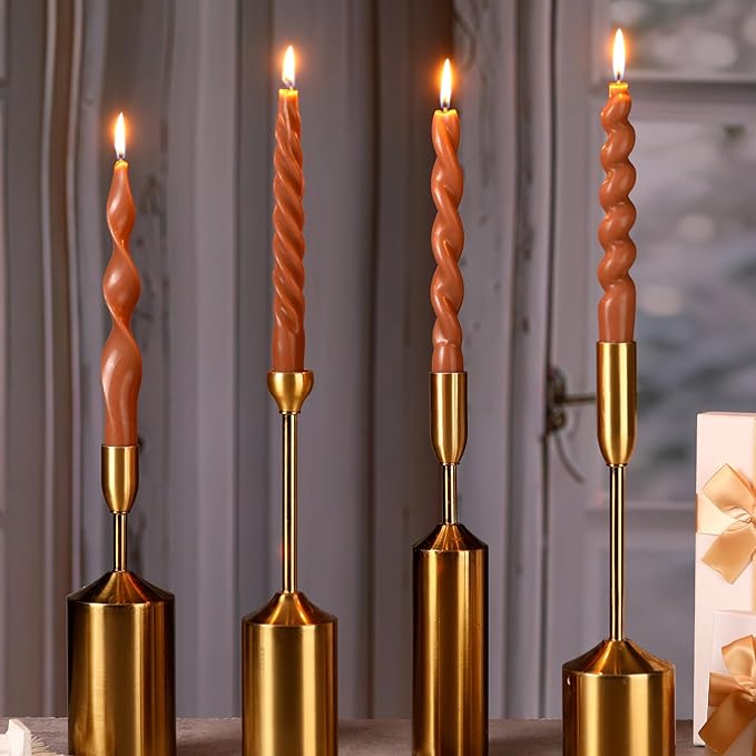 Nuanchu 4 Pcs Twisted Taper Candles Wax Unscented Smokeless Spiral Swirl Candlesticks for Wedding Holiday Dinner Party Home Decorations(7.87 Inch,Pure,Brown)