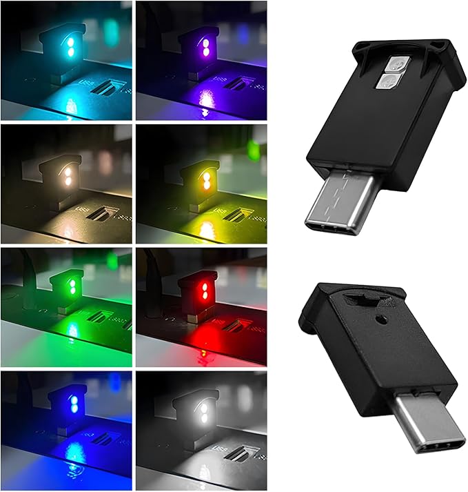 2 PCS USB Type C LED Ambient Light, 8 Colors RGB Car Interior Atmosphere Lamp, Plug-in USB Interface Mini LED Night Light, Portable Decoration Lighting Kit for Car Laptop
